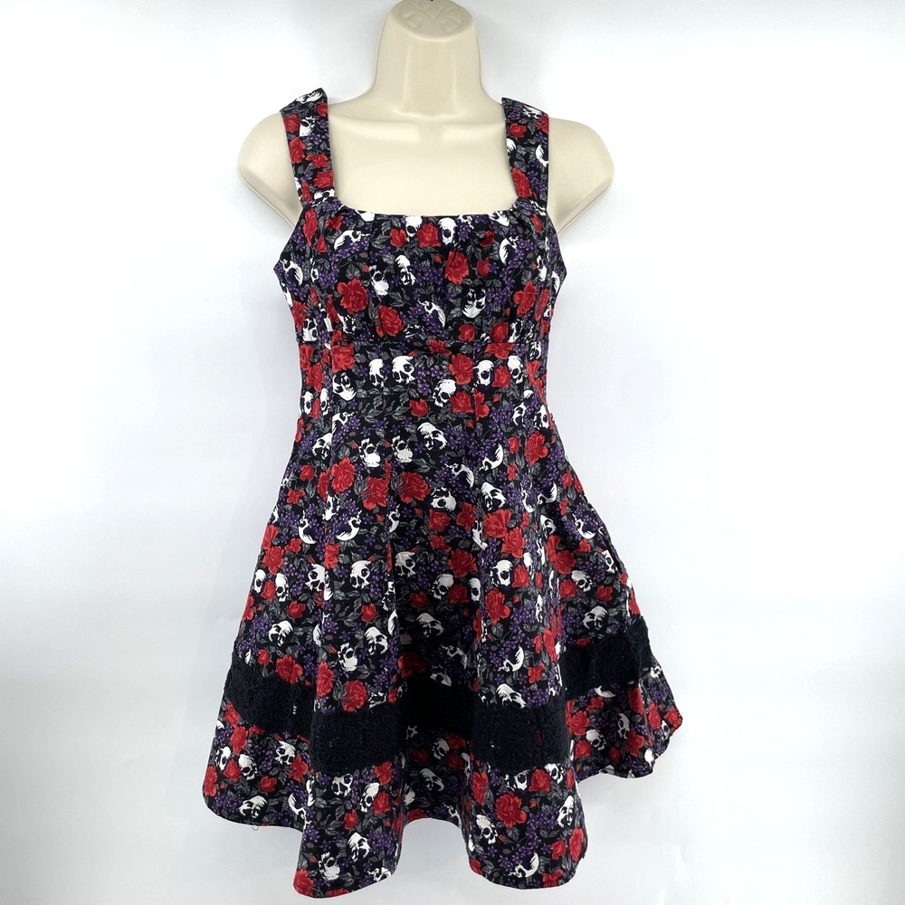 Hot Topic Dress S Red Skulls Roses Purple Flowers Lace Goth Whimsigoth Grunge